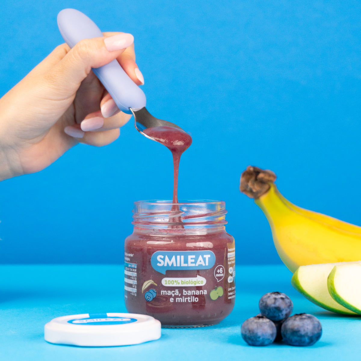 Boião de maçã, banana e mirtilo