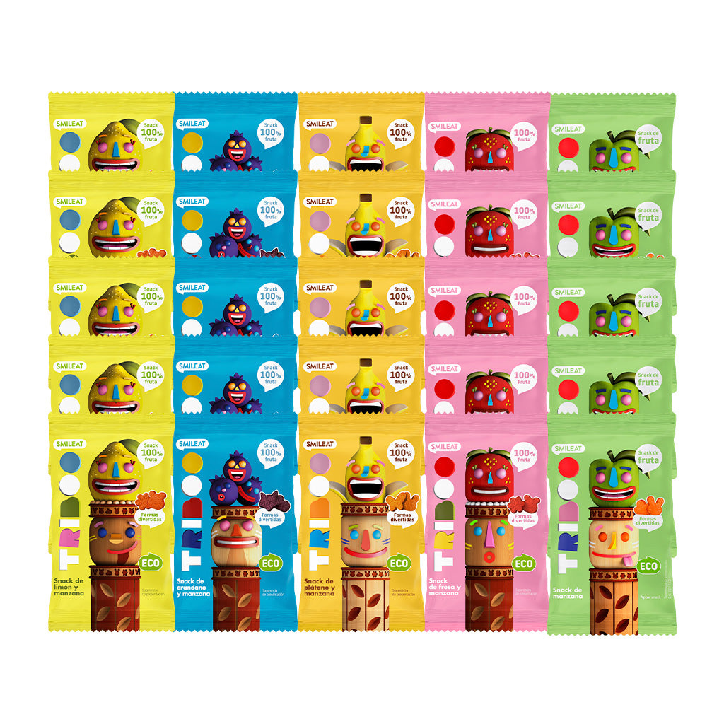 Os primeiros lanches de fruta com 0% açúcar adicionado e 100% fruta. Agora com 5 sabores diferentes