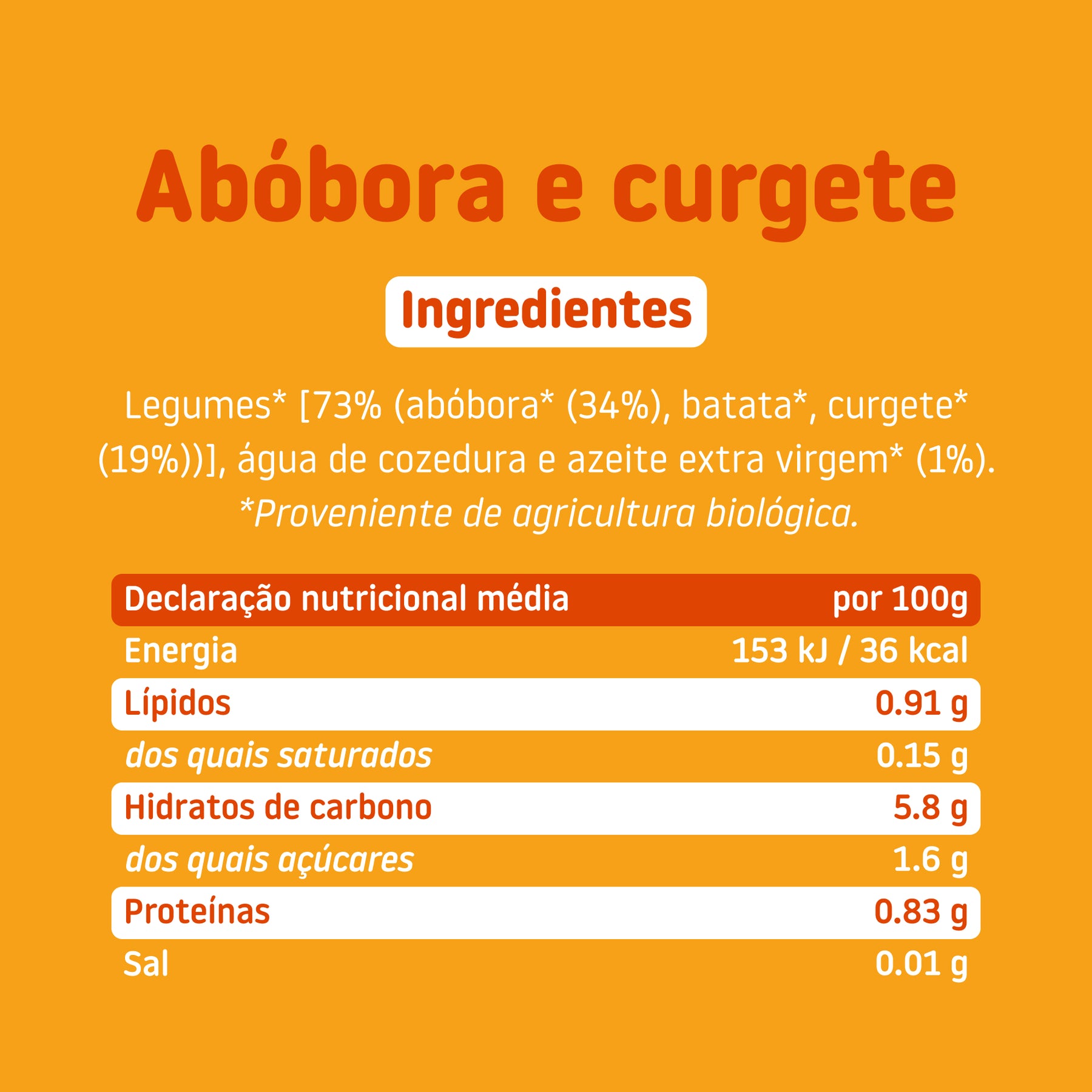 Ingredientes e tabela nutricional do boião de Abóbora e curgete – comida biológica para bebé com ingredientes reais e honestos, sem aditivos nem açúcares adicionado