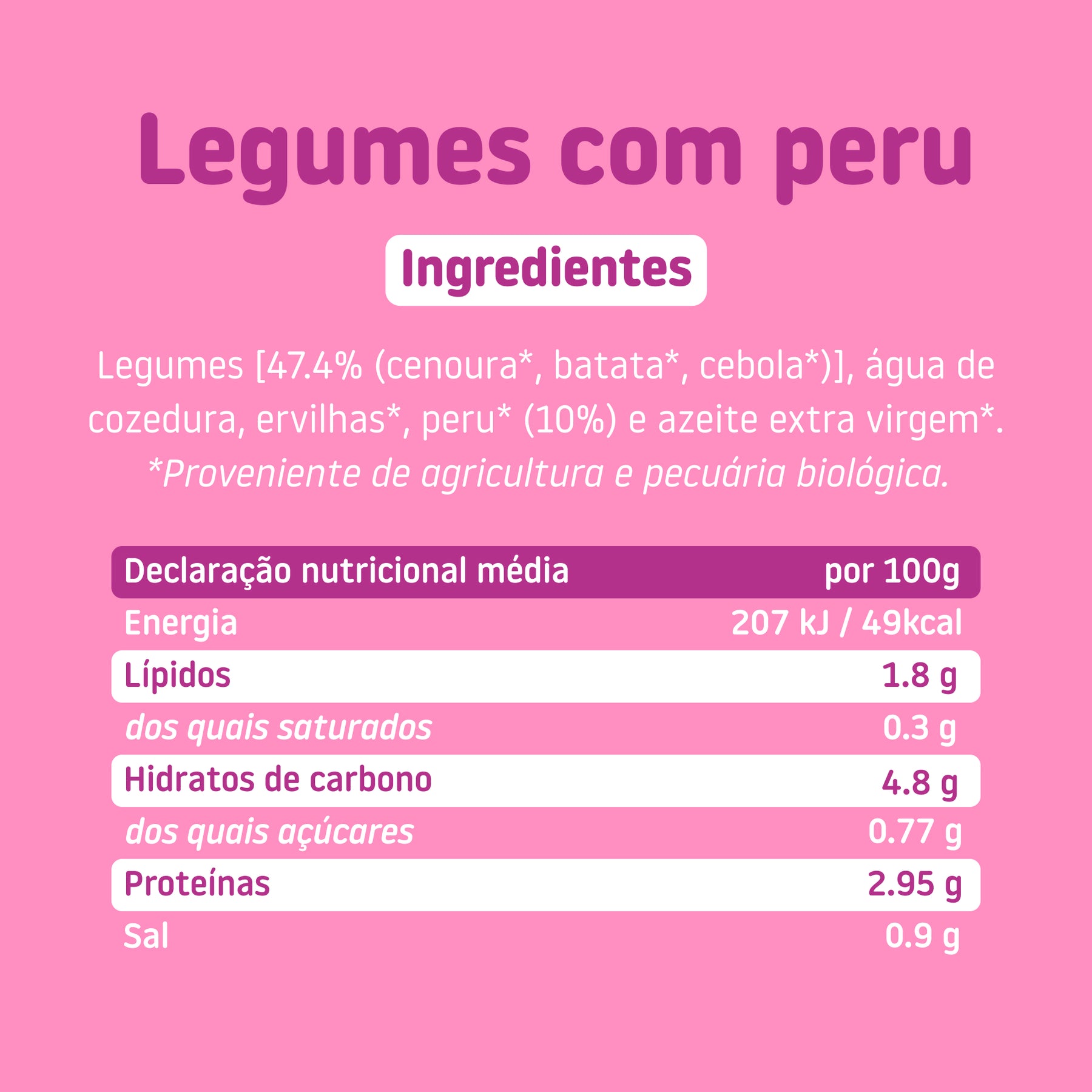 Ingredientes e tabela nutricional do boião de legumes com peru