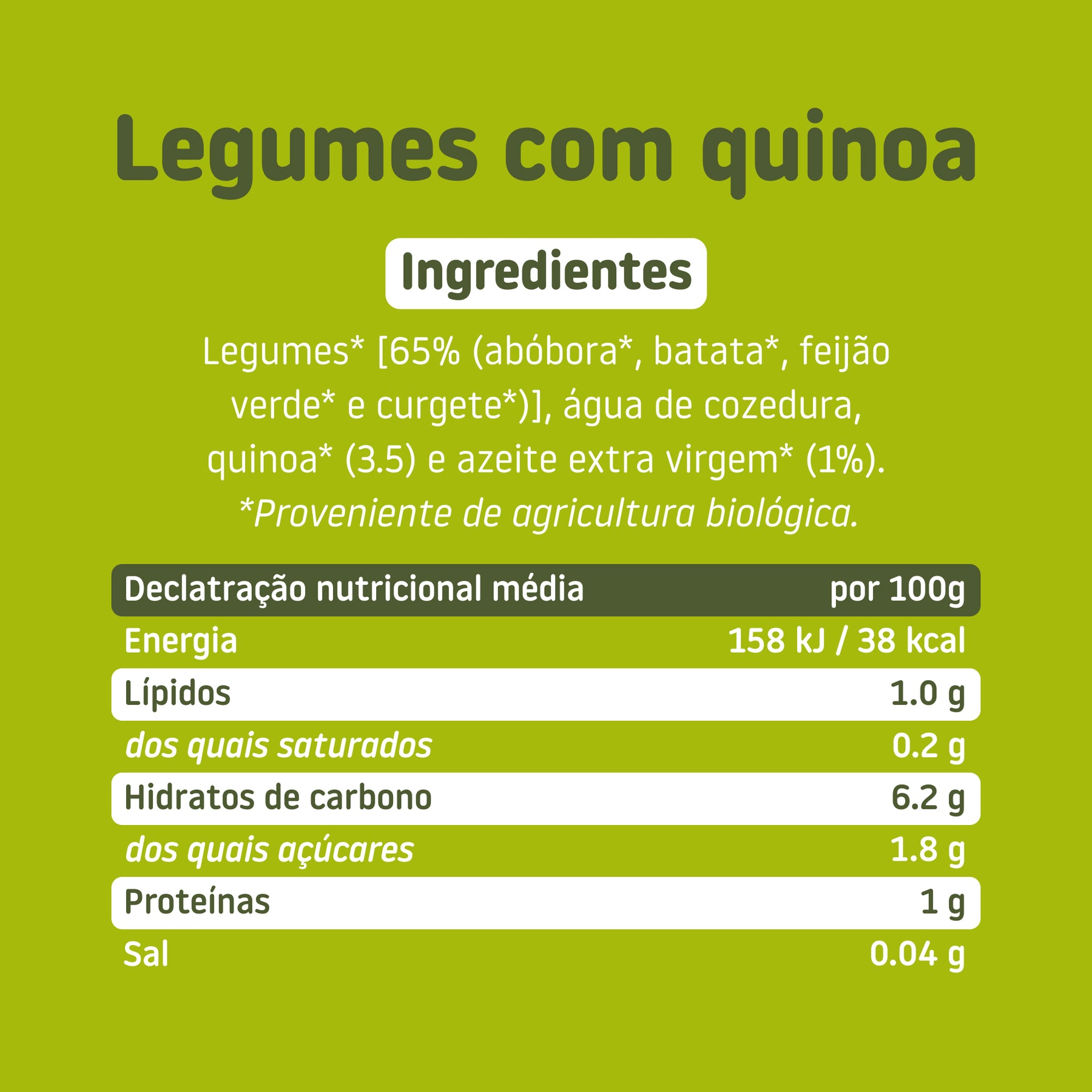 Ingredientes e tabela nutricional do boião de legumes com quinoa – comida biológica para bebé com ingredientes reais e honestos, sem aditivos nem açúcares adicionados