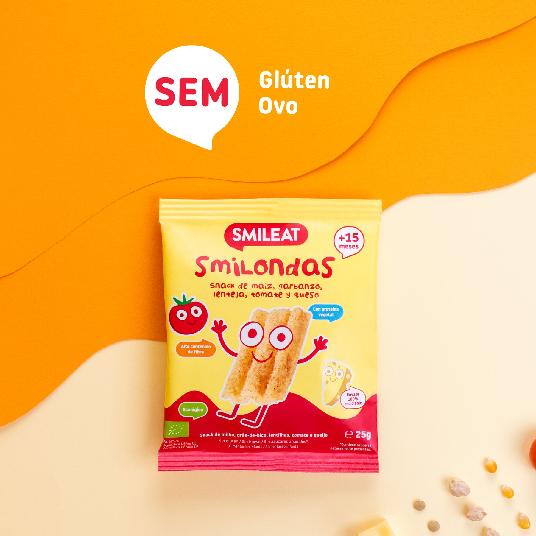 Smilondas de milho, grão-de-bico, lentilhas, tomate e queijo