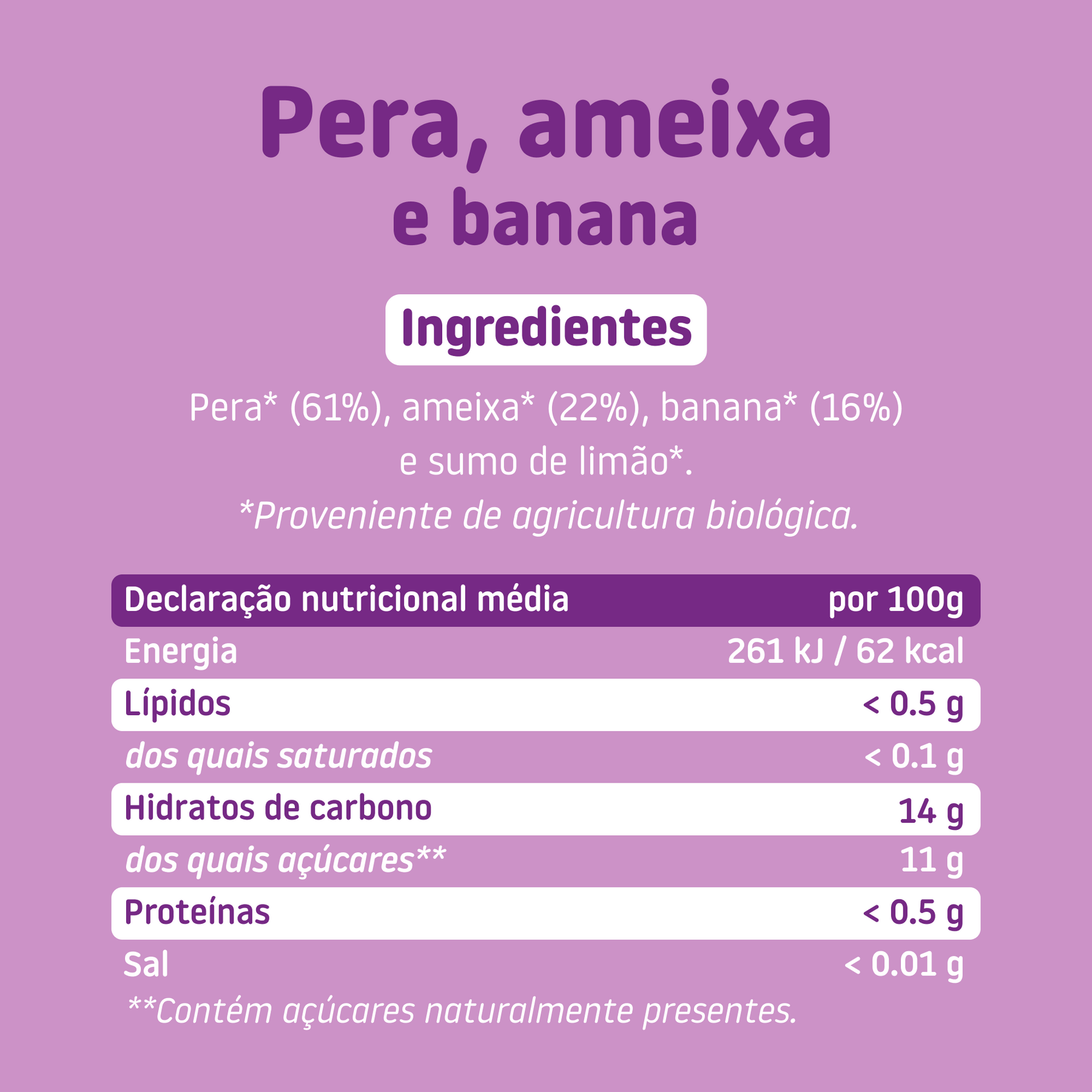Boião de pera, ameixa e banana