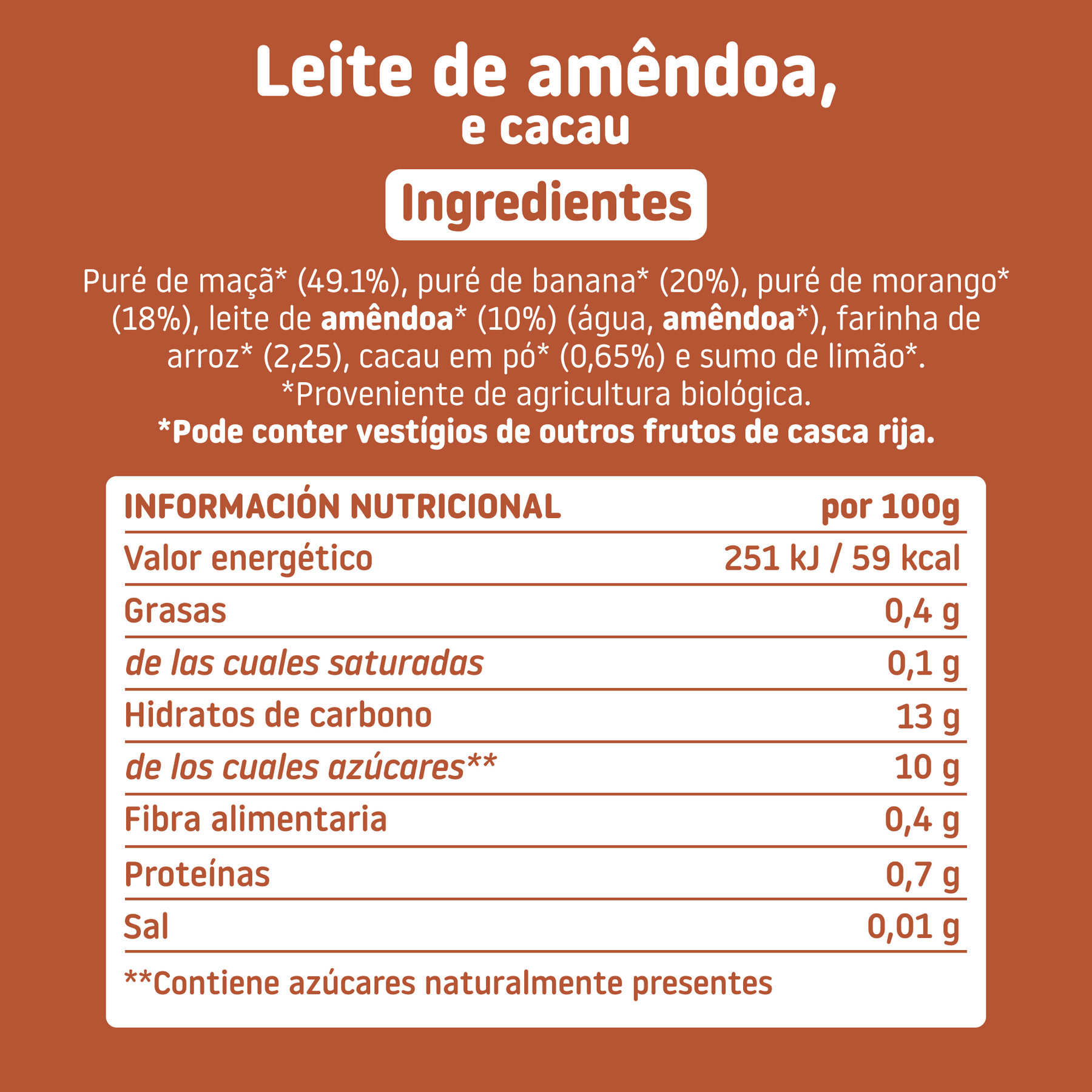 Pouch de bebida de amêndoa, cacau e morango