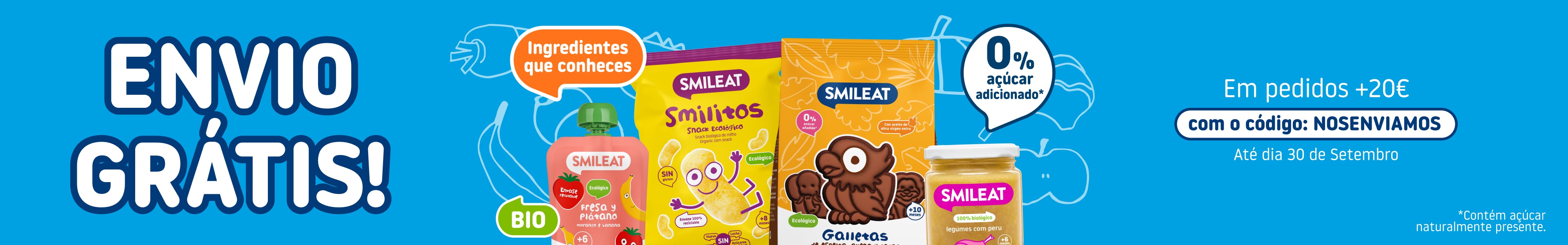 Promoção SMILEAT com envio grátis em pedidos superiores a 20€ usando o código NOSENVIAMOS, em produtos biológicos de alimentação infantil.