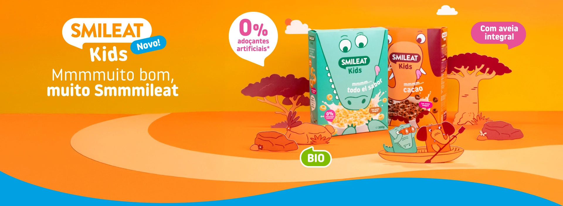 Cereais biológicos SMILEAT Kids com aveia integral, 0% adoçantes artificiais e sabores original e cacau.