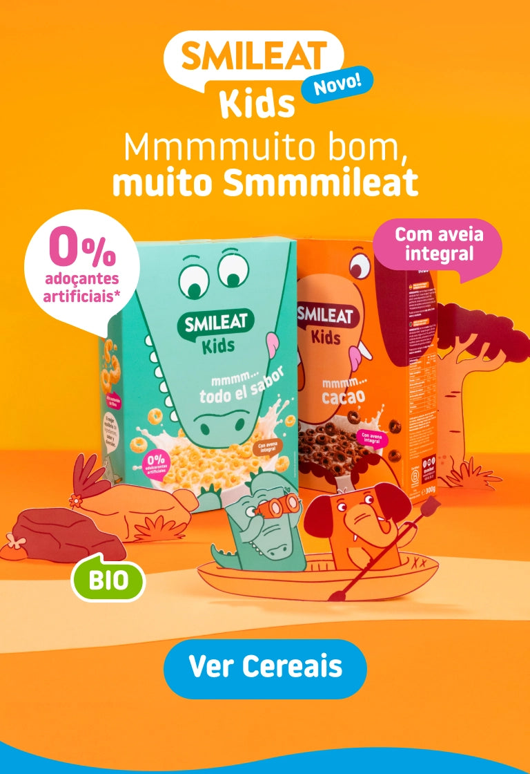 Cereais biológicos SMILEAT Kids com aveia integral, 0% adoçantes artificiais e sabores original e cacau.