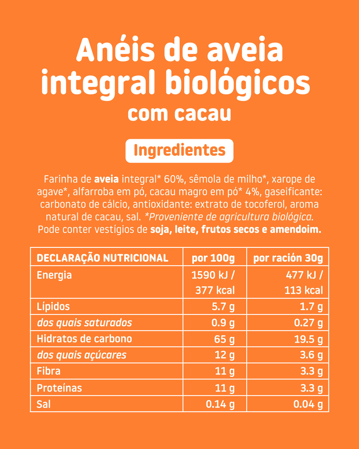 Ingredientes e informação nutricional dos anéis de aveia integral biológicos com cacau SMILEAT Kids.