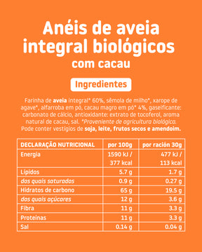 Ingredientes e informação nutricional dos anéis de aveia integral biológicos com cacau SMILEAT Kids.