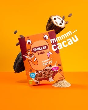 Cereais de cacau SMILEAT Kids com aveia integral biológica e 0% adoçantes artificiais.