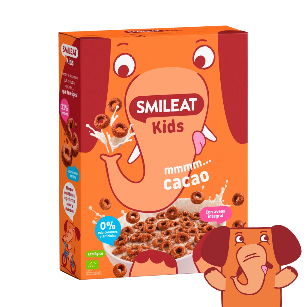Cereais biológicos de cacau SMILEAT Kids com aveia integral e 0% adoçantes artificiais.