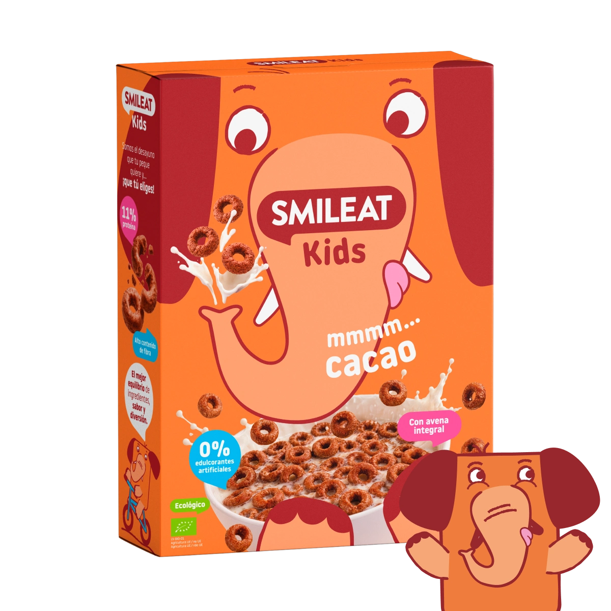 Cereais biológicos de cacau SMILEAT Kids com aveia integral e 0% adoçantes artificiais.