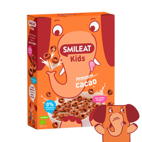 Cereais biológicos de cacau SMILEAT Kids com aveia integral e 0% adoçantes artificiais.