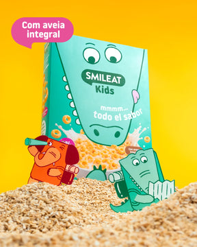 Cereais biológicos SMILEAT Kids com aveia integral e aroma de framboesa.