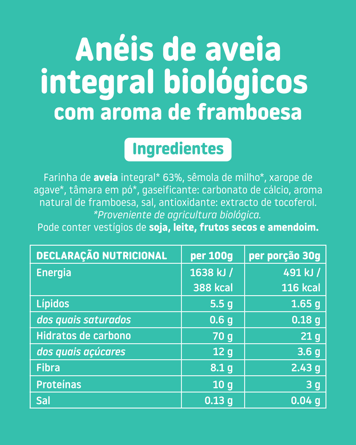 Ingredientes e informação nutricional dos anéis de aveia integral biológicos com aroma de framboesa SMILEAT Kids.