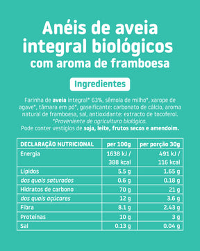 Ingredientes e informação nutricional dos anéis de aveia integral biológicos com aroma de framboesa SMILEAT Kids.