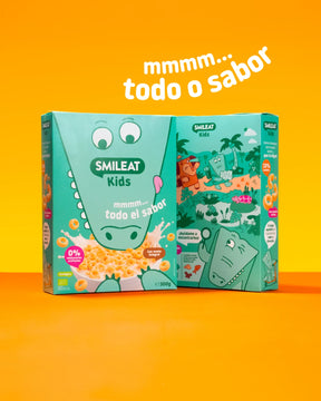 Cereais biológicos SMILEAT Kids com aveia integral, 0% adoçantes artificiais e todo o sabor para crianças.
