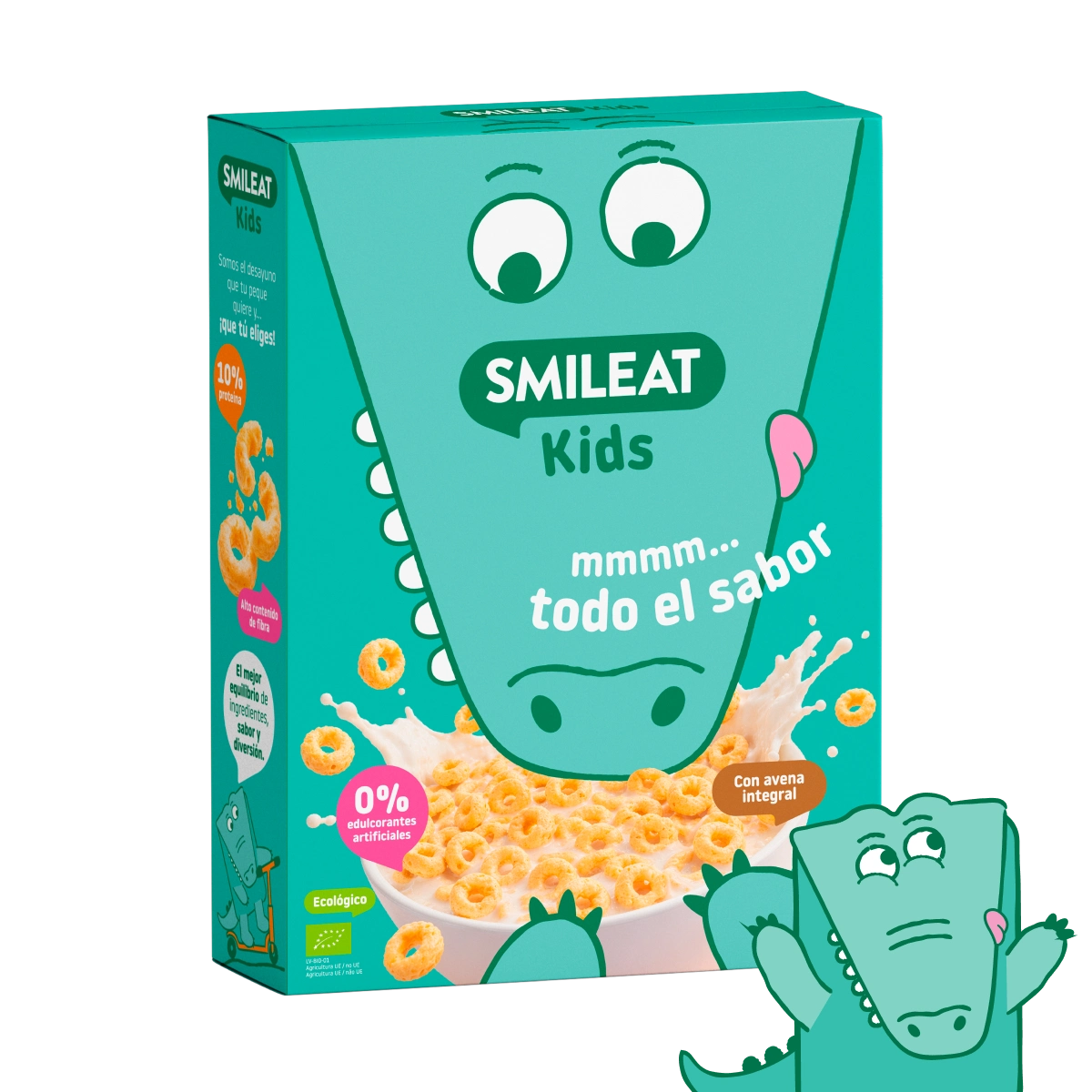Cereais biológicos SMILEAT Kids com aveia integral, 0% adoçantes artificiais e textura crocante para crianças.