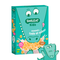 Cereais biológicos SMILEAT Kids com aveia integral, 0% adoçantes artificiais e textura crocante para crianças.