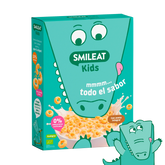 Cereais biológicos SMILEAT Kids com aveia integral, 0% adoçantes artificiais e textura crocante para crianças.