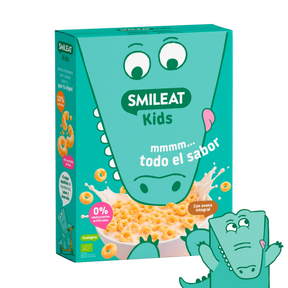 Cereais biológicos SMILEAT Kids com aveia integral, 0% adoçantes artificiais e textura crocante para crianças.