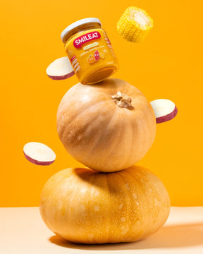 Boião biológico Smileat de abóbora, batata-doce e milho com os seus ingredientes