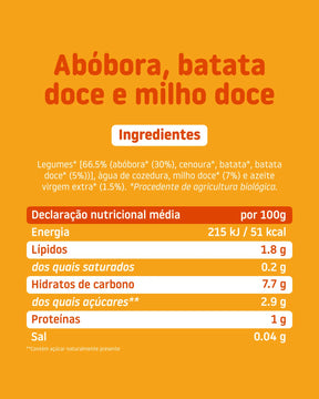 Ingredientes e informação nutricional do boião biológico Smileat de abóbora, batata-doce e milho