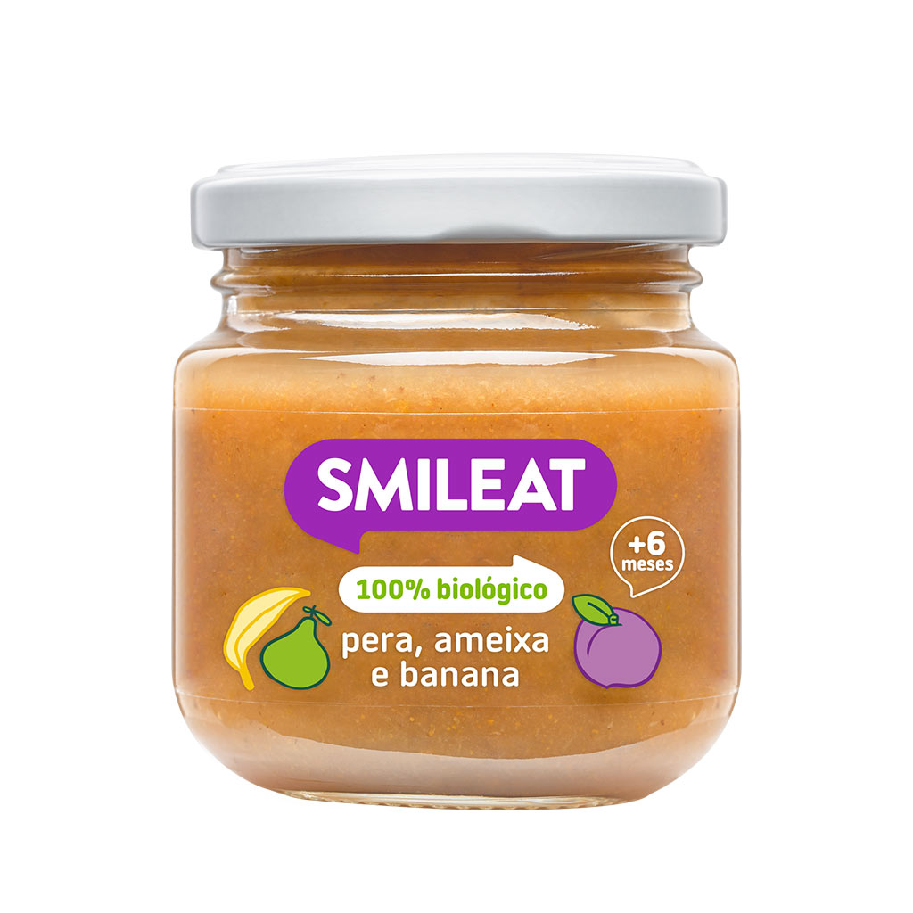 Boião de pera, ameixa e banana