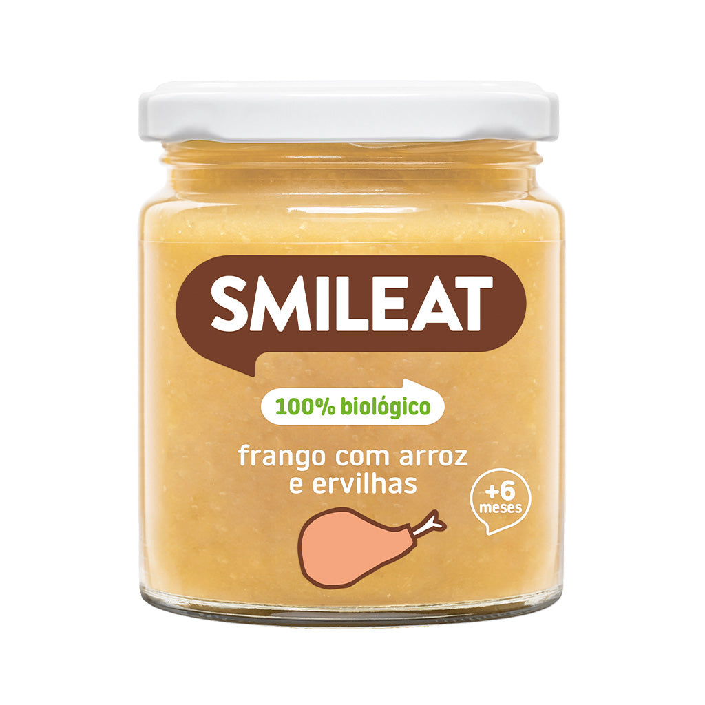 boião de frango com arroz e ervilhas