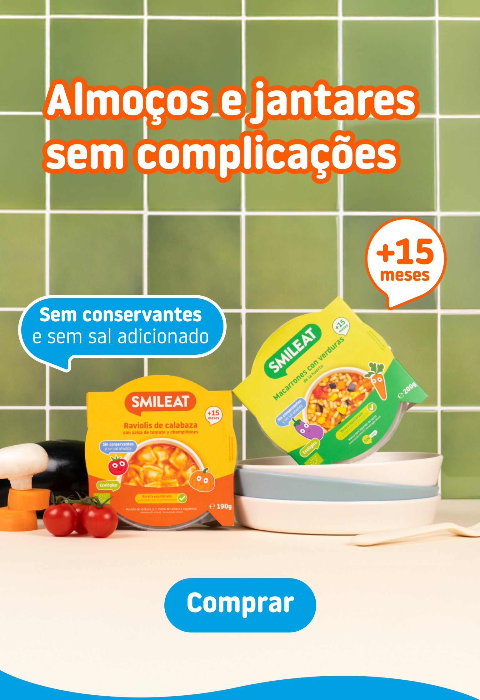 Ravioli de abóbora e Massa com legumes para bebés de +15 meses.