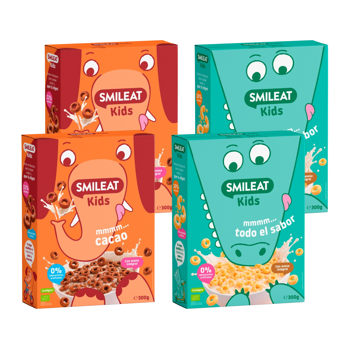 Pack de cereais SMILEAT Kids com aveia integral, sabores original e cacau, biológicos e com 0% adoçantes artificiais.