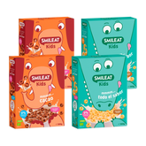 Pack de cereais SMILEAT Kids com aveia integral, sabores original e cacau, biológicos e com 0% adoçantes artificiais.