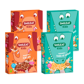 Pack de cereais SMILEAT Kids com aveia integral, sabores original e cacau, biológicos e com 0% adoçantes artificiais.