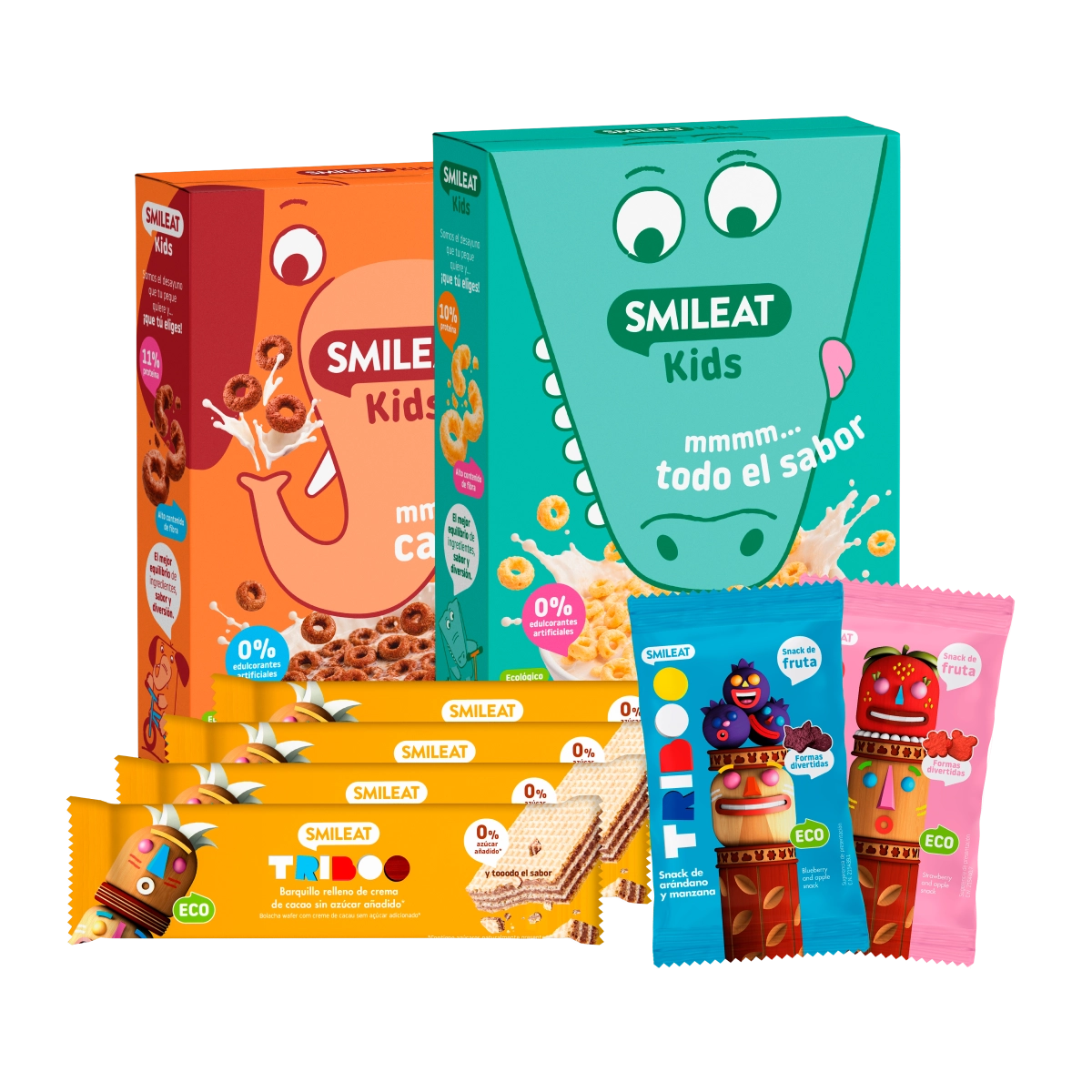 Pack de pequeno-almoço e lanche SMILEAT Kids com cereais biológicos, wafers e snacks de fruta para crianças.