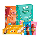 Pack de pequeno-almoço e lanche SMILEAT Kids com cereais biológicos, wafers e snacks de fruta para crianças.