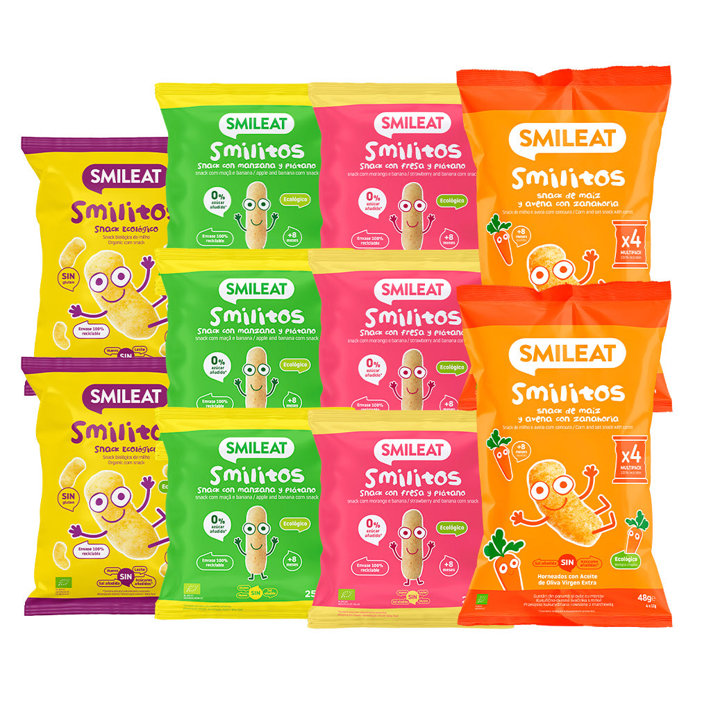 Pack mix de snacks Smilitos diversos sabores: maçã e banana, morango e banana, milho, e milho com aveia e cenoura