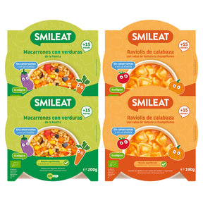Pack de 4 refeições prontas: Ravioli de abóbora e Macarrão com legumes. Receita caseira a vapor, sem sal nem conservantes para bebés de +15 meses.