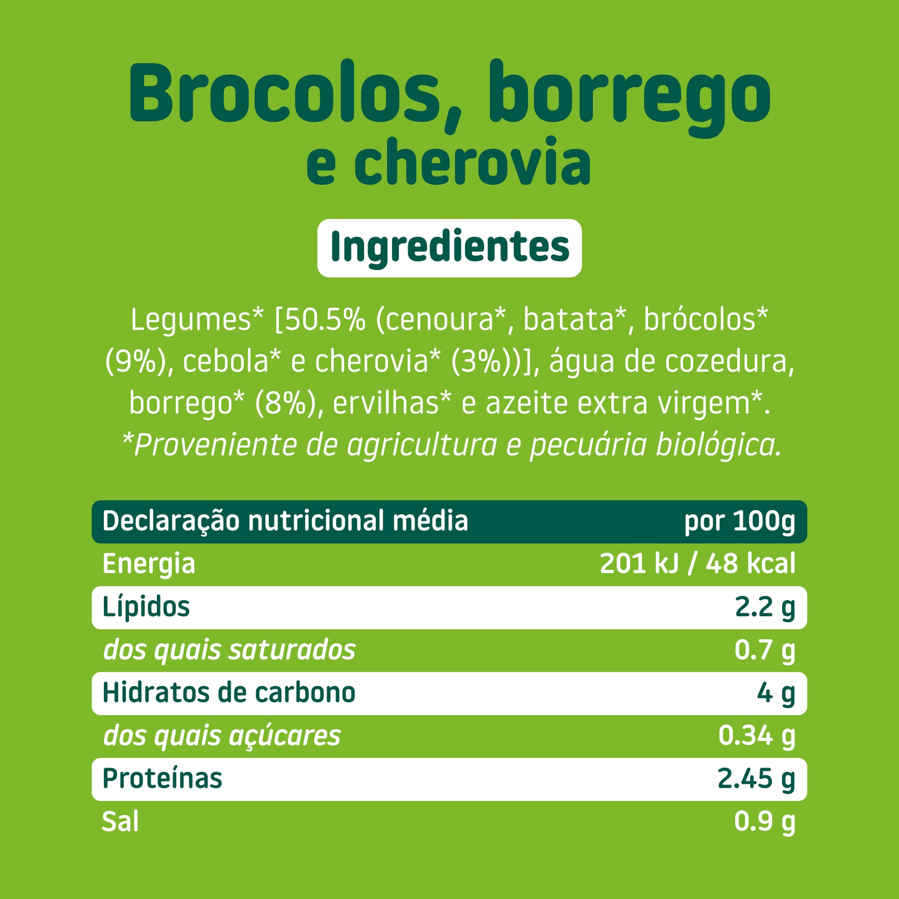 Ingredientes e tabela nutricional do boião de brocolos, borrego e cherovia – comida biológica para bebé com ingredientes reais e honestos, sem aditivos nem açúcares adicionado