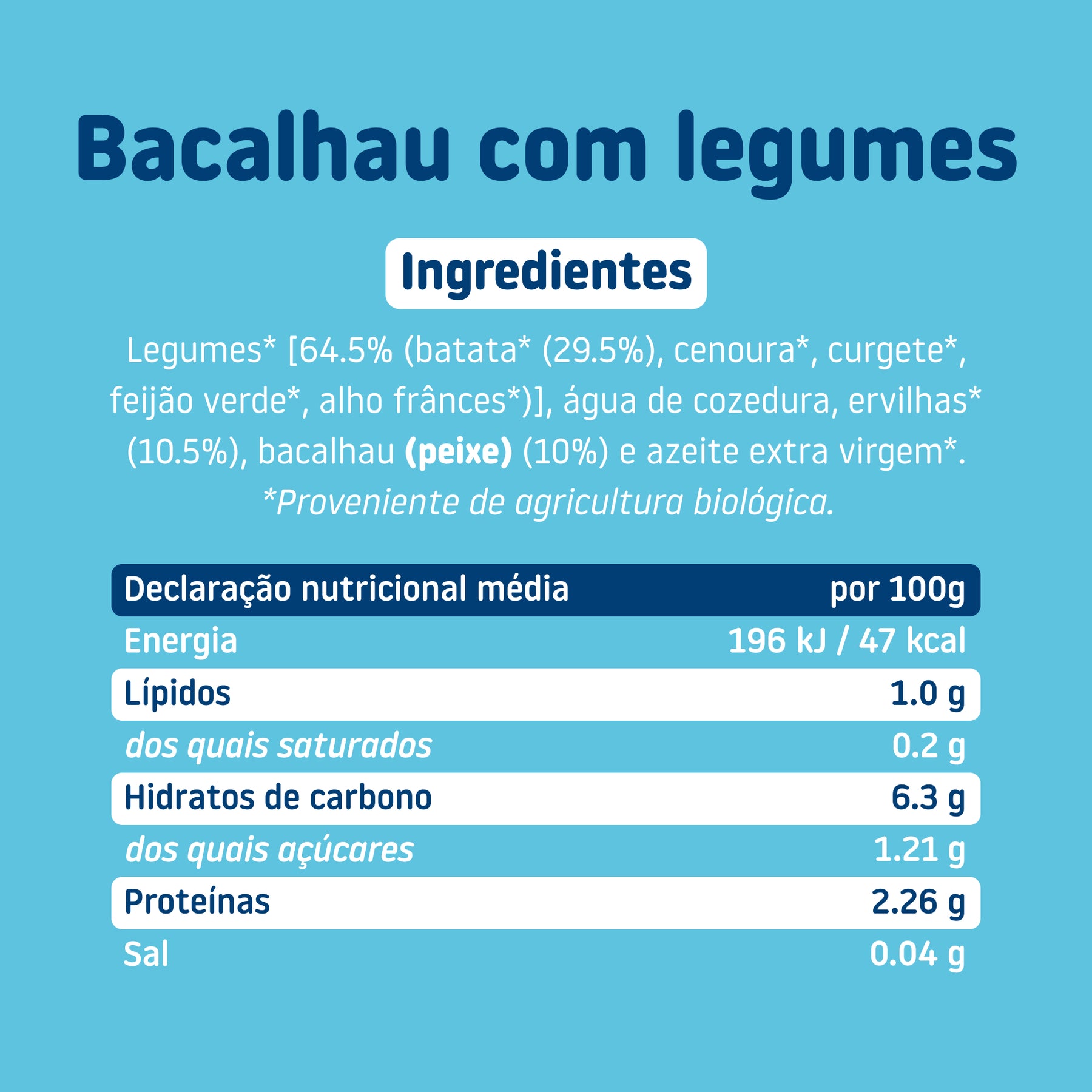 Ingredientes e tabela nutricional do boião de Bacalhau com legume – comida biológica para bebé com ingredientes reais e honestos, sem aditivos nem açúcares adicionado
