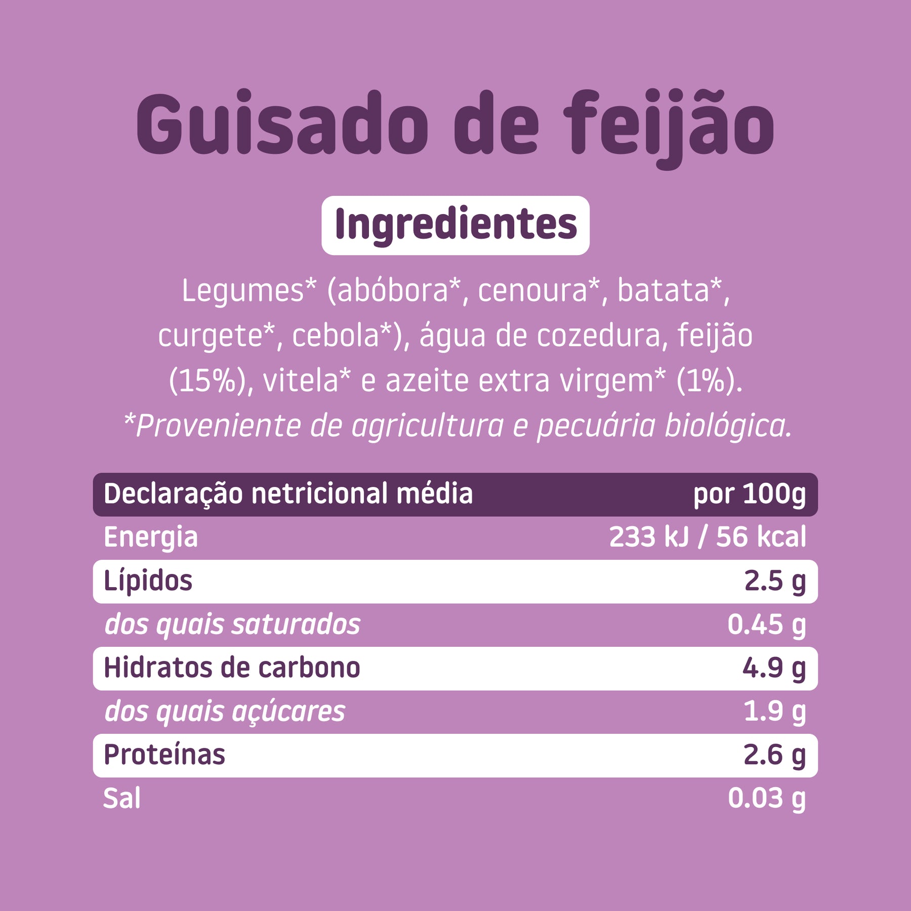 Ingredientes e tabela nutricional do boião de guisado de feijão