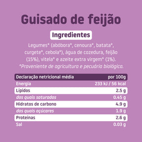 Ingredientes e tabela nutricional do boião de guisado de feijão