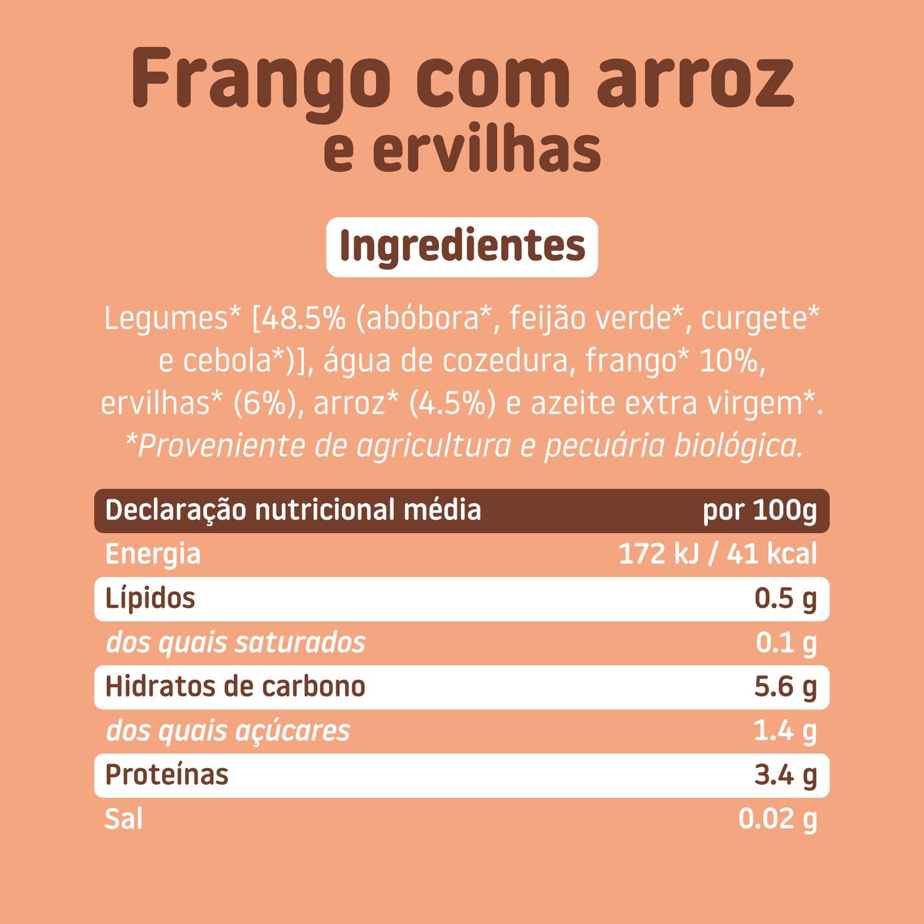 Ingredientes e tabela nutricional do boião de frango com arroz e ervilhas