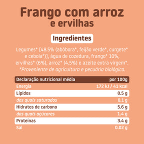Ingredientes e tabela nutricional do boião de frango com arroz e ervilhas