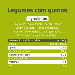 Ingredientes e tabela nutricional do boião de legumes com quinoa – comida biológica para bebé com ingredientes reais e honestos, sem aditivos nem açúcares adicionados