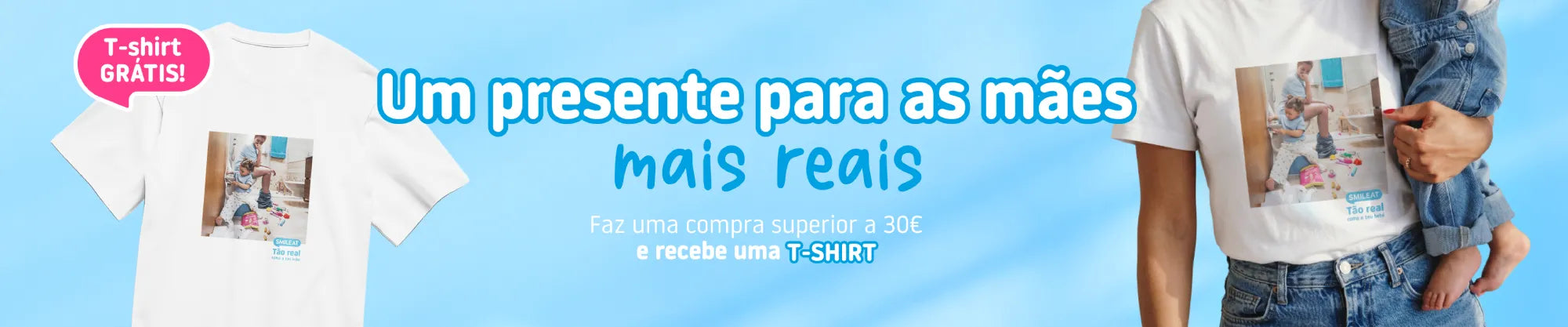 Mãe e bebé com a t-shirt de oferta do Dia da Mãe da SMILEAT em compras superiores a 30 euros